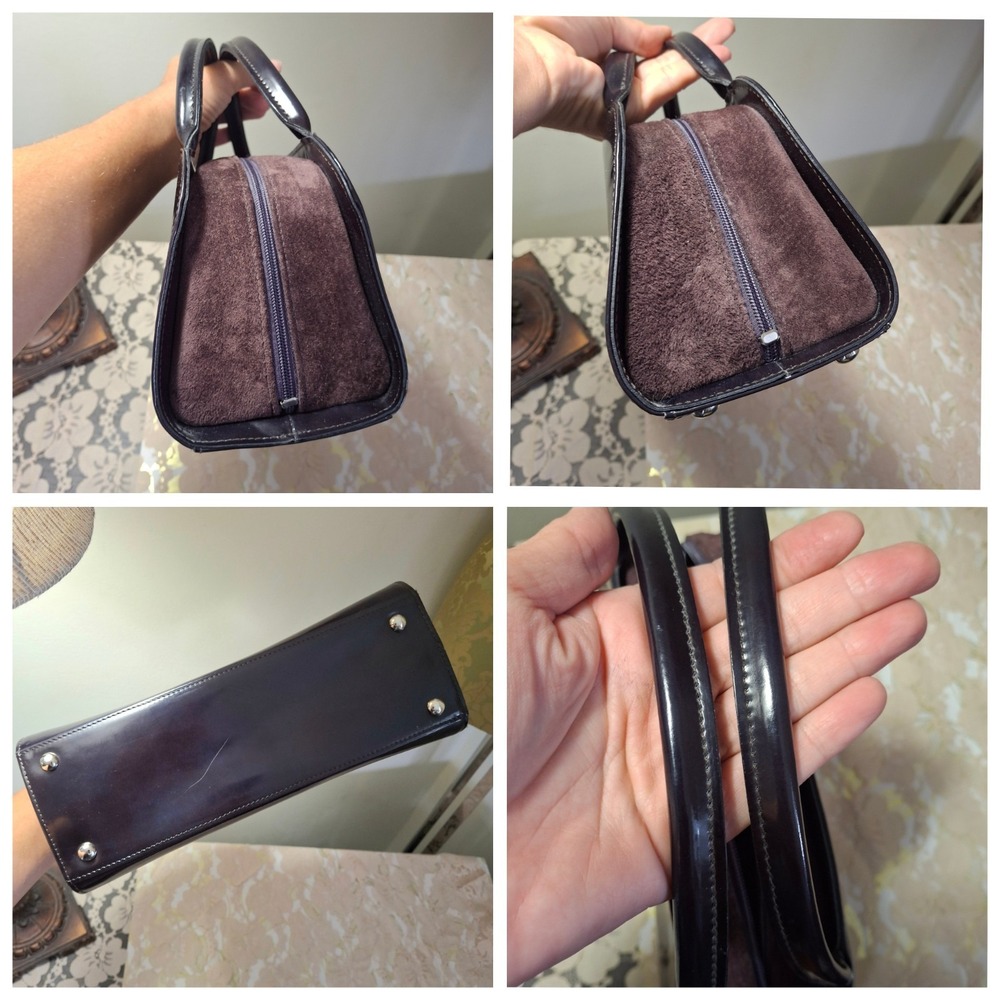 Y2K Vtg Longchamp Eggplant Patent Leather Suede Double Handle Bag Classic Luxury - Picture 9 of 11